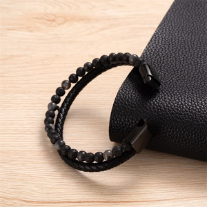 Bracciale da uomo a doppio strato con pietra vulcanica, pelle e chiusura magnetica