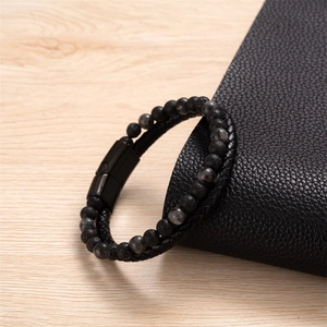 Bracciale da uomo a doppio strato con pietra lavica, pelle intrecciata e chiusura magnetica