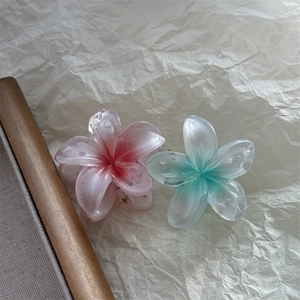 Détails des grandes pinces à cheveux fleur de frangipanier à dégradé rose et bleu nacré