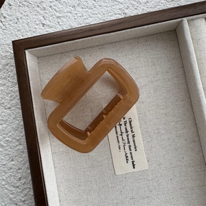 Vue macro d'une pince à cheveux rectangulaire marron translucide avec ressort et dents