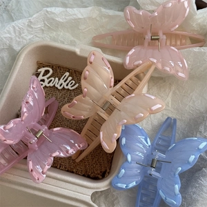 Korean Style Sweet Butterfly Hair Claw Clip With Satin Ribbon Weaving Decoration Translucent Plastic Shark Clip For Women Hair Styling Accessory