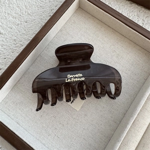 Detail of a brown translucent claw clip with gold Barrette La France lettering