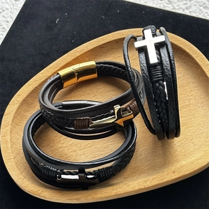 Classic men's multilayer braided leather bracelet with stainless steel cross charm