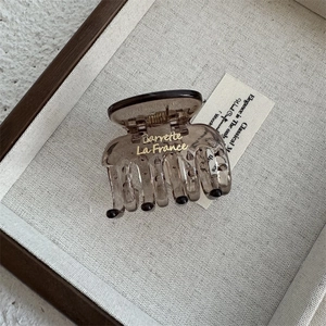 Detail view of amber resin hair claw clip with golden lettering on fabric tray