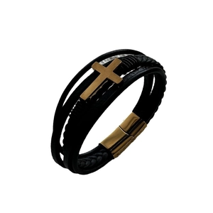 Classic men's multi-layer woven leather bracelet with golden cross and magnetic clasp