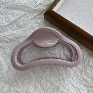 Detail of matte grey-purple cloud hair claw clip with golden Barrette La France text