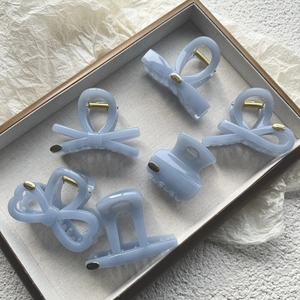 Women Minimalist Light Blue Hair Claw Clip Plastic Shark Clip With Handmade Metal Label Elegant Hair Styling Accessory
