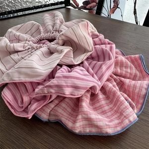 Korean Style Pink Striped Large Scrunchies Pleated Fabric Hair Tie Elastic Ponytail Holder For Women Sweet Daily Hair Accessories