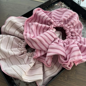 Chic pink striped oversized scrunchies set for women with elegant ruffled fabric design