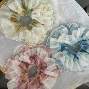 Lolita Plaid Scrunchie For Women Sweet Organza Ruffle Hair Ties Large Oversized Grid Hair Ring Daily Party Hair Accessories