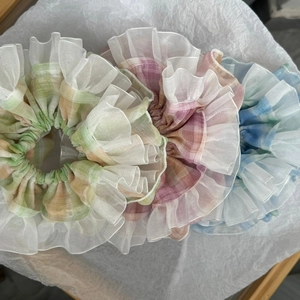 Three-piece set of plaid organza scrunchies with elegant ruffled edges for women