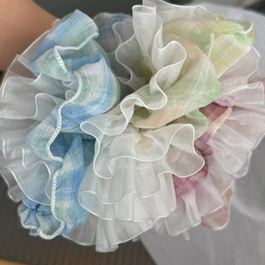Lolita plaid hair scrunchie set with organza wood ear ruffled edges in pastel colors