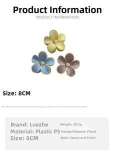Detail specifications of 8cm flower hair claw clips with size, weight, and PS material info