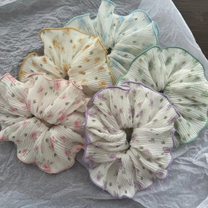 Five-piece set of Korean style floral chiffon pleated scrunchies in assorted pastel colors