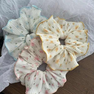 Floral pleated scrunchies set in blue yellow and pink soft chiffon fabric