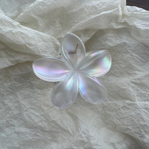 Iridescent plumeria flower hair claw clip with holographic pearl finish for women