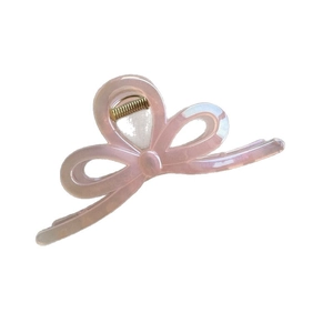 Pink pearlescent bow hair claw clip with iridescent finish for elegant hair styling