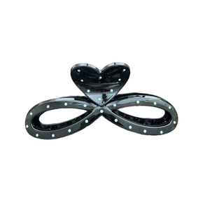 Black polka dot heart shaped hair claw clip with infinity symbol design for women