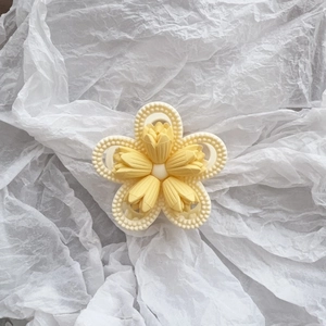 Detail view of a matte 3D tulip hair claw clip with delicate yellow petals on white tissue