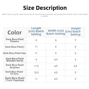Size chart for dark blue checkered hair clips in various shapes including flower and horse
