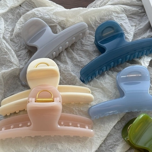 Detail of matte hair claws in Morandi colors with golden metal spring closure