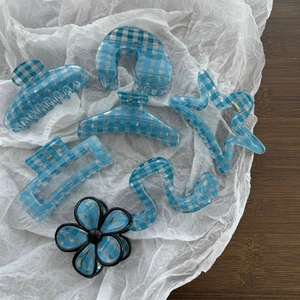 Korean Style Light Blue Gingham Checkered Hair Claw Vintage Large Flower Star Geometric Hair Clip For Women Daily Styling