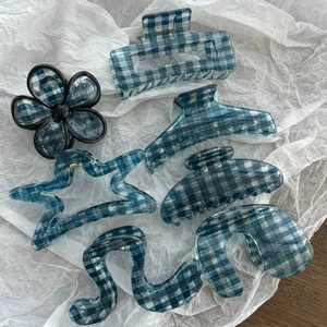 6-piece set of blue gingham acrylic hair claws in assorted shapes for women