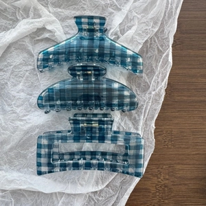 Three-piece set of blue and white checkered acetate hair claws with various geometric shapes