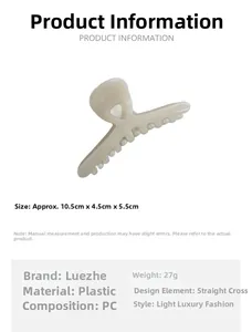 Detailed size chart showing a 10.5cm cream cross claw clip made of durable PC plastic