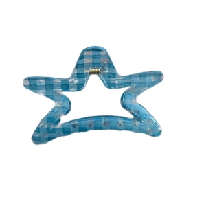 Star shaped hair claw clip in blue and white plaid pattern made of premium resin