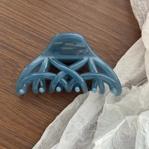 Détail de la pince à cheveux bleue avec motif de queue de phénix et texture croisée