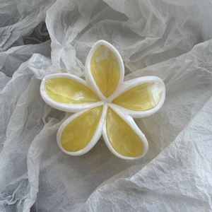Detail der bonbonfarbenen Marmor-Blumenhaarklammer mit weißem und gelbem Frangipani-Muster