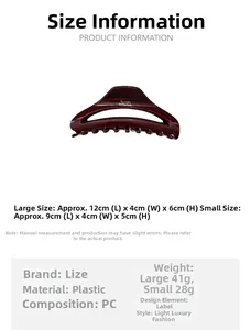 Size specification chart for large and small crescent hair claw clips in PC material