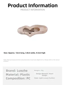 Detailed size chart for the heart hair claw clip with 12cm length and PC material specs
