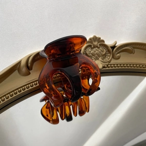 Detailansicht der Haarspange in Bernstein-Schildpatt-Optik auf einem goldenen Rahmen