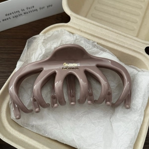 Gros plan d'une grande pince à cheveux gris mauve dans un coffret cadeau élégant