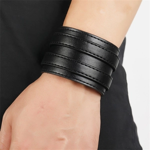 Punk-Stil mehrlagiges breites schwarzes Lederarmband mit feinen Nähten für Damen und Herren