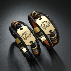 Men's punk braided leather bracelet featuring vintage bronze tiger head metal charm