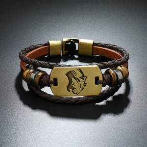 Mens multi-layer leather bracelet with bronze leopard head and punk woven design