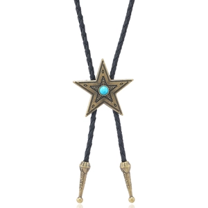 Corbata bolo western vintage con colgante de estrella turquesa y cordón de cuero negro