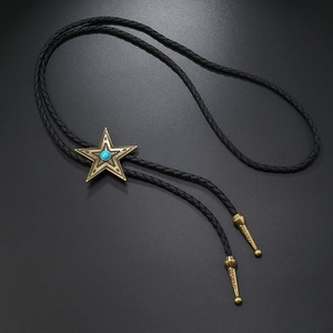 Corbata bolo vaquera vintage con hebilla de estrella de bronce y turquesa en cordón negro