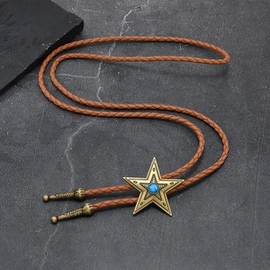 Corbata bolo estilo western vintage con colgante de estrella turquesa y cordón de cuero marrón