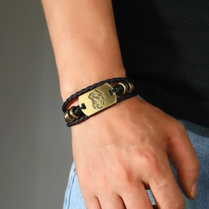 Punk style men's braided leather bracelet with bronze leopard head and metal beads