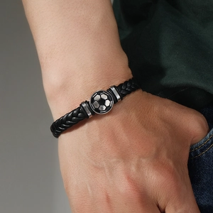 Bracelet tressé en cuir pour homme avec pendentif football lumineux en acier inoxydable