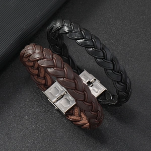Men's retro braided leather bracelets with stainless steel clasps in black and brown