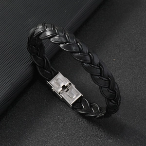 Minimalist black braided leather bracelet for men with stainless steel folding magnetic clasp
