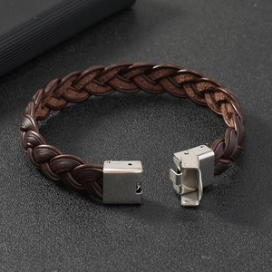 Men's fashion dark brown braided leather bracelet with a silver stainless steel clasp