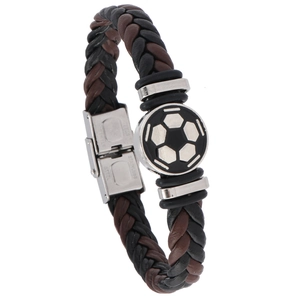 Bracelet pour homme en cuir avec motif de football et fermoir en acier inoxydable