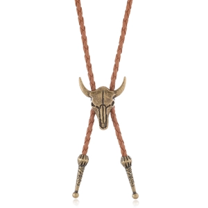 Vintage Western Bolo-Krawatte mit Bronze-Stierkopf und geflochtenem Lederband