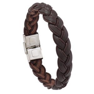 Men's minimalist dark brown braided leather bracelet with a polished stainless steel clasp